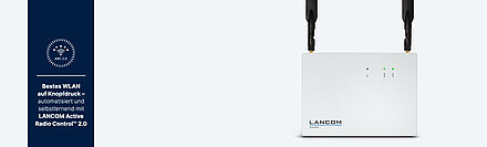Produktfoto LANCOM Industrial Access Point mit dunkelblauem Verweis auf WLAN-Optimierungslösung LANCOM Active Radio Control™ 2.0