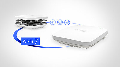Darstellung zweier LANCOM Wi-Fi 7 Access Points mit Gehäuse und Innenleben sowie Wi-Fi 7-Icons