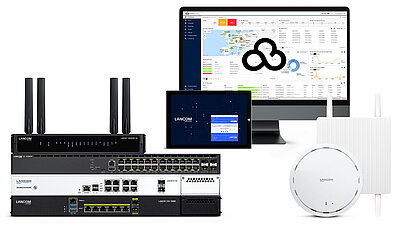 Kollage aus LANCOM Produkten: Router, UTM-Firewalls, Access Points, Cloud-Management, Switches und ePaper-Display