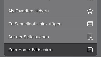 Screenshot: LANCOM InfoHub Progressive Web App in Safari Browser auf Smartphone geöffnet. In Browser-Menü "Zum Home-Bildschirm" auswählen.