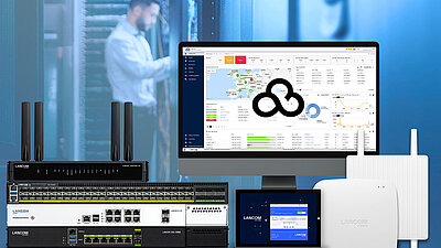 Zusammenstellung von LANCOM Produkten wie SD-WAN Gateways, Switches, Firewalls, Access Points und Cloud-managed Lösungen
