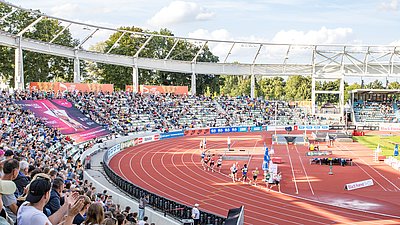 Läufer starten ein Rennen in einem vollen Leichtathletikstadion bei sonnigem Wetter.