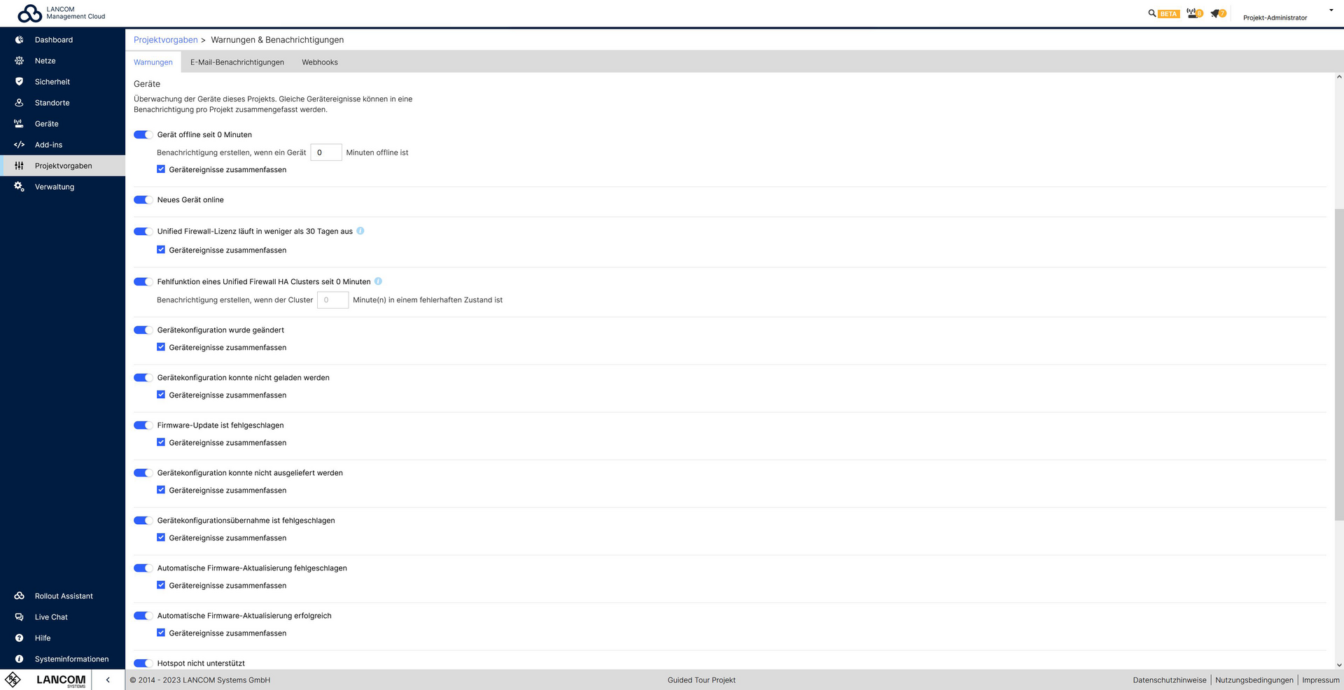 Screenshot: Einstellungen der Projektvorgaben in der LMC
