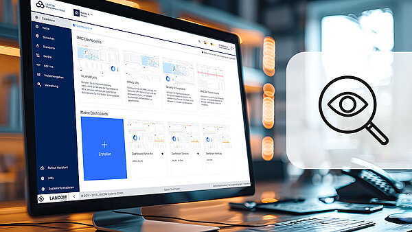 Monitor mir Dashboard Ansicht, icon mit einem Auge 