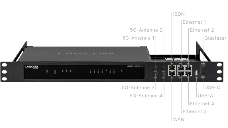 Produktfoto LANCOM CPE blackline Rack Mount mit Beschriftung der Anschlüsse