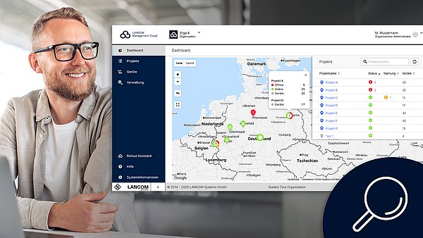 Abbildung glücklicher Mann, Abbildung Screenshot mit LMC sowie Icon (Lupe)