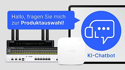 Tablet mit Webseitenansicht der KI-Chatbots von LANCOM, festgehalten in zwei Händen