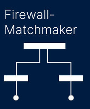 Weißer Entscheidungsbaum auf dunkelblauem Hintergrund mit Aufschrift "Firewall-Matchmaker"