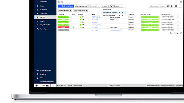 Screenshot der abgespeicherten Tabellenansichten in der LANCOM Management Cloud auf einem Notebook