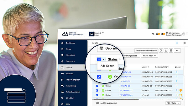 Bild mit einer lächelnden Frau, einem LANCOM Management Cloud Screenshot der Gerätetabelle mit Fokus auf den Button "Alle Seiten" sowie ein Icon in der linken Ecke zur Visualisierung des Buttons