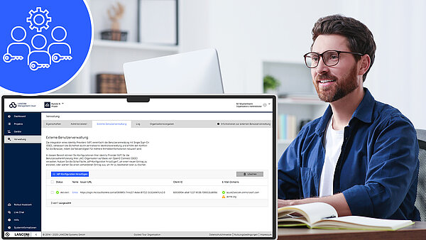 Monitor mit Konfigurations Oberfläche, Mann vor dem Laptop und blaues Icon