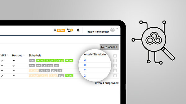 Screenshot des Menü Netzes in der LANCOM Management Cloud und Icon mit Lupe, Logo und Verbindungspfeilen
