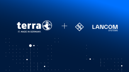 Logos von terra, R&S und LANCOM Systems nebeneinander auf blauem Hintergrund dargestellt.