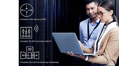 Zwei Mitarbeitende schauen auf einen Laptop, daneben sind Icons des vCPEs, vWLCs und vGateways abgebildet