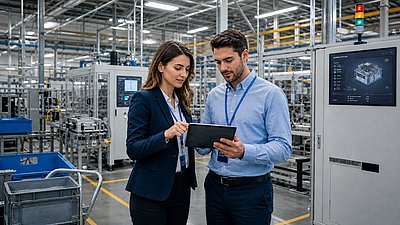 Zwei Mitarbeitende prüfen ein Tablet in einer modernen Produktionshalle.