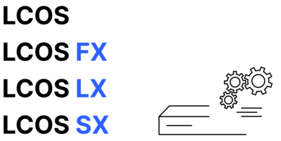 Grafik eines LANCOM Produktes mit Zahnrädern und den Schriftzügen von LCOS, LCOS FX, LCOS LX und LCOS SX