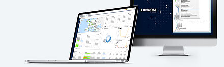 Banner LANCOM Netzwerkmanagement mit Bildschirm und Laptop