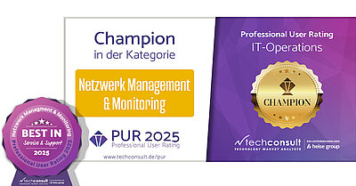 PUR-ITO Award 2025 - Champion Auszeichnung für LANCOM in der Kategorie „Netzwerkmanagement und Monitoring“ mit Auszeichnung „Best in Service & Support“
