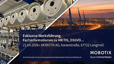 Sicherheitskameras in Produktion und Windräder bei Nacht mit Hinweis auf Werksführung und KRITIS/DSGVO-Event