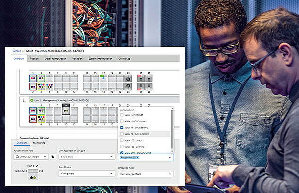 Zwei Männer beraten sich und Screenshot der LMC zur LAG-Unterstützung