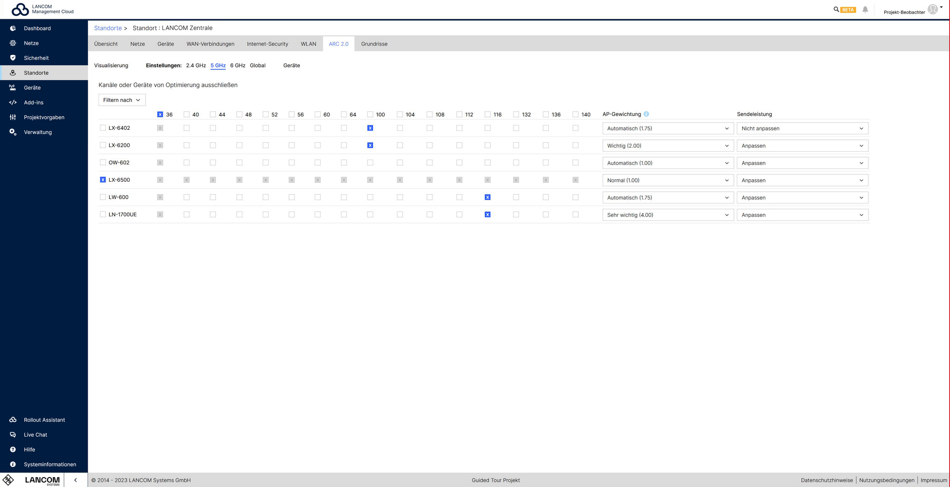 Screenshot aus Dashboard der LANCOM Management Cloud: Auswahl von Geräten, Gewichtung und Sendeleistung 