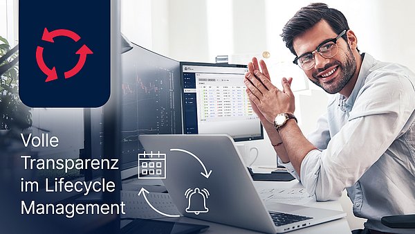 Man am Computer, davor ein rotes EOL Icon sowie ein Icon zur Benachrichtigung 