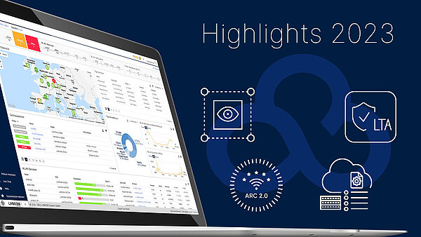 Laptop mit LMC Dashboard, daneben Icons zur Visualisierung der Highlight Feature