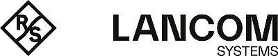 Logo der Firma LANCOM Systems, Tochter des Rohde & Schwarz Konzerns: LANCOM in schwarzen Großbuchstaben rechts und die Buchstaben "R" und "S" in einer Raute links davon