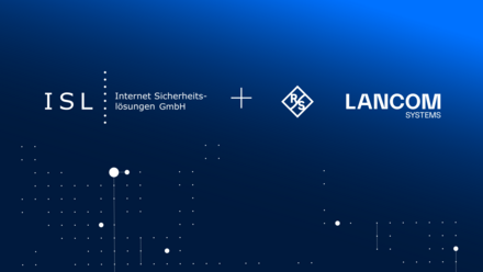 Logos von ISL, R&S und LANCOM Systems nebeneinander auf blauem Hintergrund dargestellt.