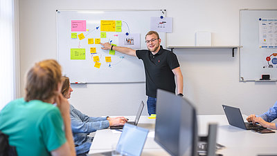 Mehrere Personen schauen auf ein Flipchart und besprechen die Aufgaben