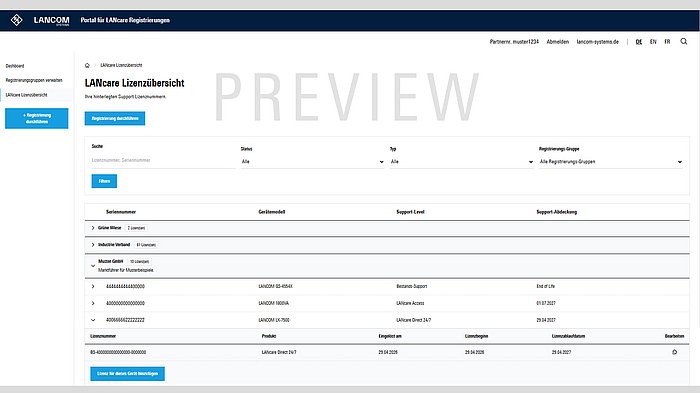 Screenshot der Lizenzübersicht im LANcare Portal mit Preview-Kennzeichnung