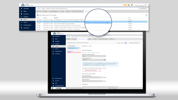 Screenshot der LANCOM Management Cloud auf einem Laptop mit Lupenansicht der neuen optimierten Fehlermeldungen