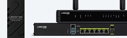Collage von LANCOM Routern und SD-WAN-Produkten mit blackline-Banderole