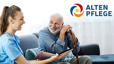 Patient spricht mit seiner Pflegerin inklusive Messelogo der Altenpflege in Nürnberg