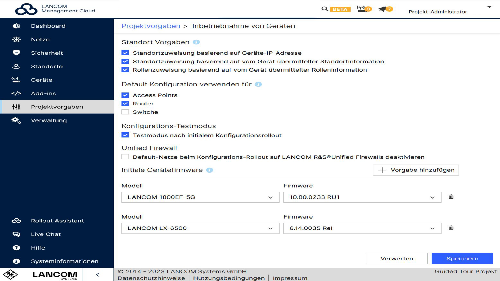 Screenshot: Einstellung der Projektvorgaben in der LMC