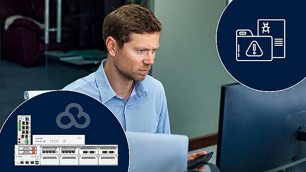 Mann schaut besorgt auf einen Bildschirm, unten links sind die LANCOM R&S®Unified Firewalls und das LANCOM Management Cloud-Logo zu sehen, oben rechts ist ein Icon für SIEM in einem blauen Kreis dargestellt
