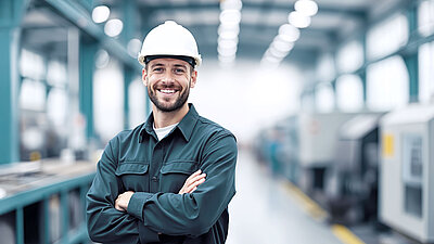 Mann mit Helm und verschränkten Armen steht in einer Industriehalle und lächelt in die Kamera