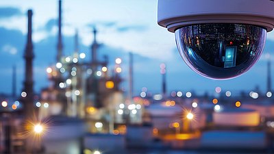 Foto: Moderne Überwachungskamera überwacht eine industrielle Anlage bei Dämmerung und symbolisiert die professionelle Umsetzung von Sicherheits- und Überwachungslösungen für kritische Infrastrukturen.