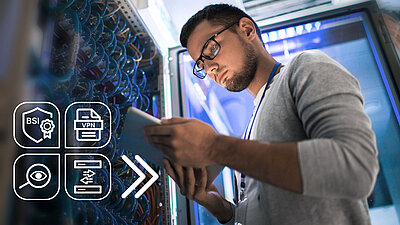 IT-Techniker prüft Server mit Tablet, daneben eingeblendete Feature-Icons zur integrierten Netzwerksicherheit