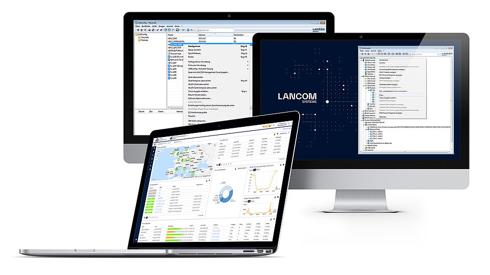 Collage von Bildschirmen mit LANCOM Management Cloud, LANconfig und LANmonitor
