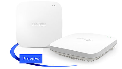 Produktcollage LANCOM Wi-Fi 7 Access Points mit Preview-Schriftzug