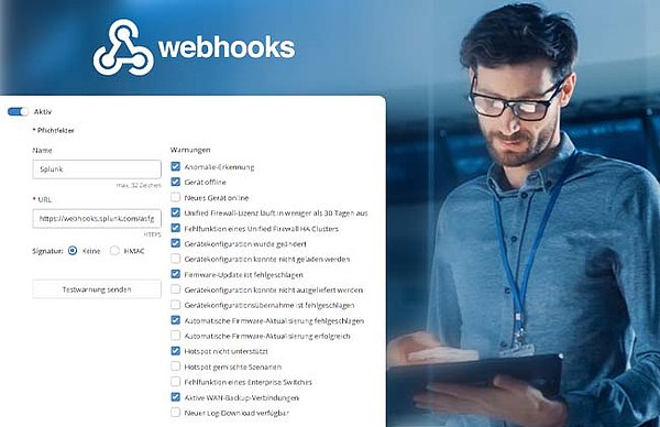 Mann schaut auf ein Tablet, Einblendung des Webhook-Logos und Screenshot der Webhooks in der LMC