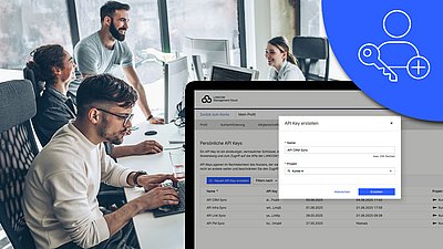 Büroumgebung mit Monitor von LMC Oberfläche und blauem ICON
