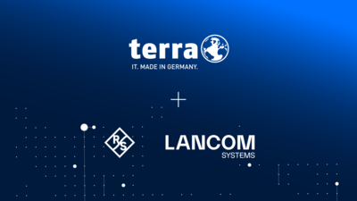 Logos von terra und LANCOM Systems als Partner im LANCOM IT Security Ecosystem auf blauem Hintergrund.