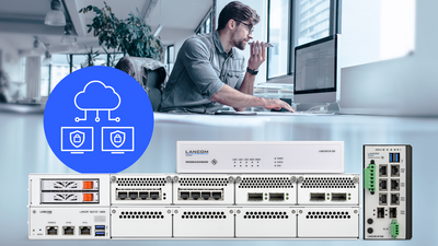 Collage von LANCOM R&S®Unified Firewalls inklusive Icon für Secure Edge Computing