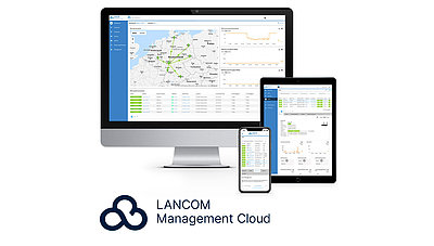 Benutzeroberfläche der Netzwerkmanagement-Plattform LANCOM Management Cloud auf dem Desktop-Monitor, dem Tablet und dem Smartphone