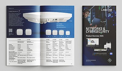 LANCOM Produktübersichtsbroschüre einmal aufgeschlagen und einmal mit Titelseite