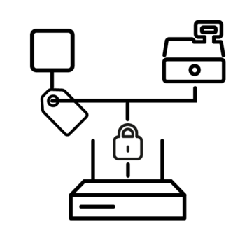 Icon mit Access Point und sicherer VLAN-Verbindung zu Kasse und getaggtem Gerät