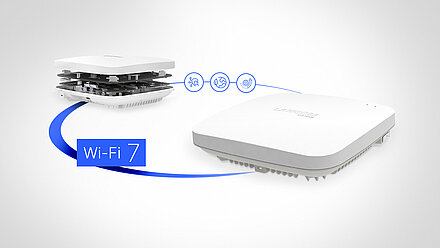 Darstellung zweier LANCOM Wi-Fi 7 Access Points mit Gehäuse und Innenleben sowie Wi-Fi 7-Icons