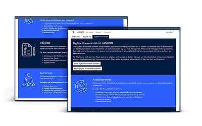Zwei Bildschirme mit hilfreichen Tipps und Links, um die eigene Digitale Souveränität zu erhöhen und zu stärken in der LANCOM PWA-App "LANCOM InfoHub"